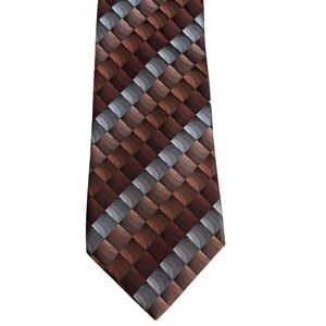 John Ashford 100% Silk Necktie Brown Copper Metallic Blocks 58" Stain Resistant
